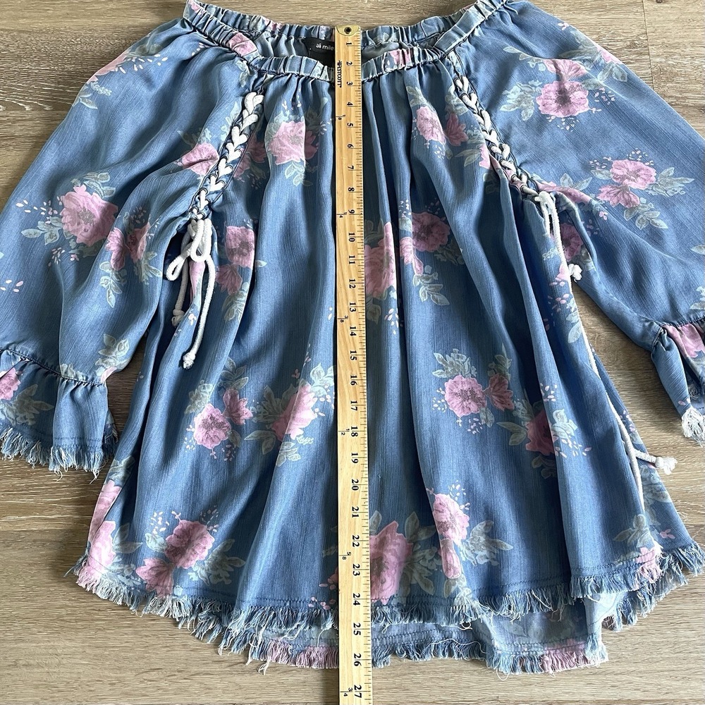 Ali Miles Off The Shoulder Floral Chambray Tunic XL Rope Tie Fray Hem Cottage - Picture 3 of 11